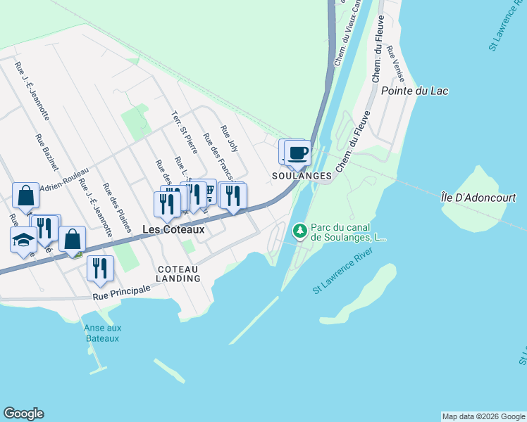 map of restaurants, bars, coffee shops, grocery stores, and more near 46 Québec 338 in Les Coteaux
