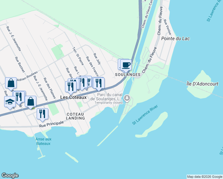 map of restaurants, bars, coffee shops, grocery stores, and more near 46 Québec 338 in Les Coteaux