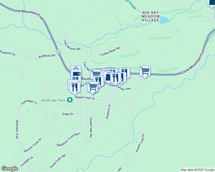 map of restaurants, bars, coffee shops, grocery stores, and more near 32 Town Center Avenue in Gallatin Gateway