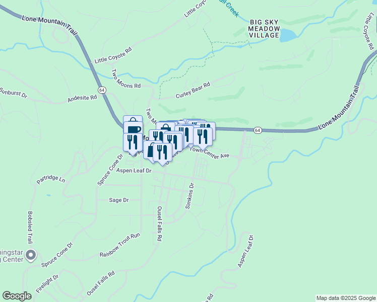 map of restaurants, bars, coffee shops, grocery stores, and more near 32 Town Center Avenue in Gallatin Gateway