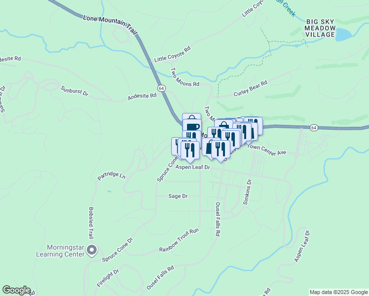 map of restaurants, bars, coffee shops, grocery stores, and more near 2815 Aspen Leaf Drive in Big Sky