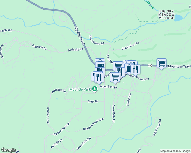 map of restaurants, bars, coffee shops, grocery stores, and more near 2815 Aspen Leaf Drive in Big Sky