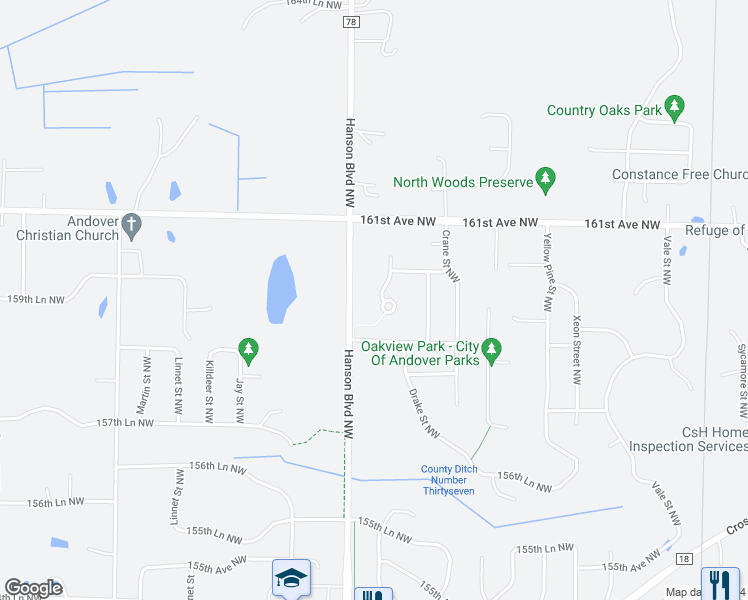 map of restaurants, bars, coffee shops, grocery stores, and more near 15956 Eagle Street Northwest in Andover