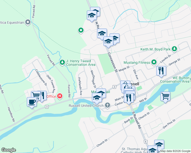 map of restaurants, bars, coffee shops, grocery stores, and more near 217 Macdougall Street in Russell