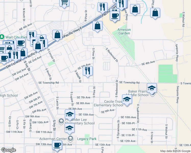 map of restaurants, bars, coffee shops, grocery stores, and more near 480 South Pine Street in Canby