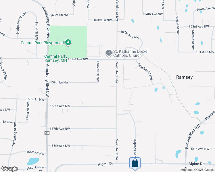 map of restaurants, bars, coffee shops, grocery stores, and more near 15930 Variolite Street Northwest in Ramsey