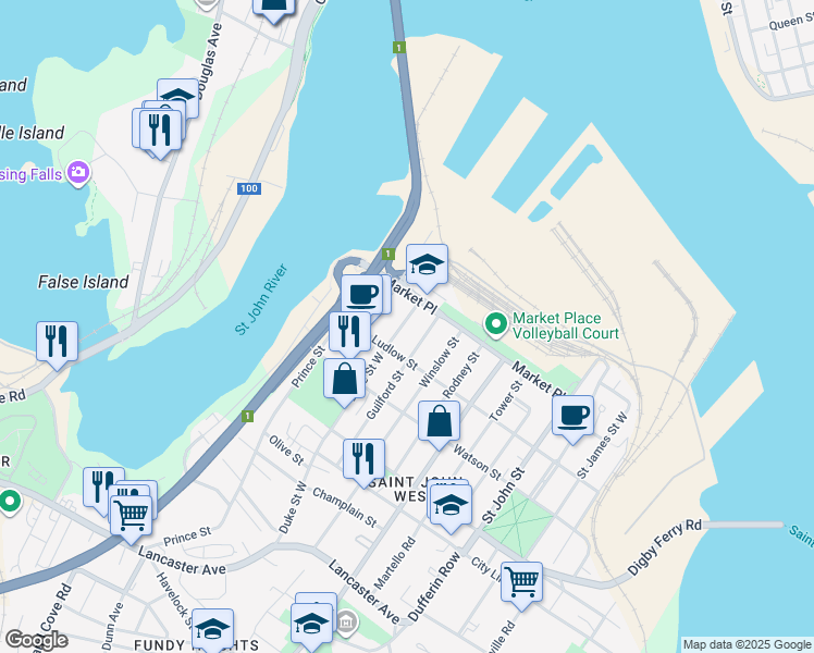 map of restaurants, bars, coffee shops, grocery stores, and more near 112 Duke Street in Saint John