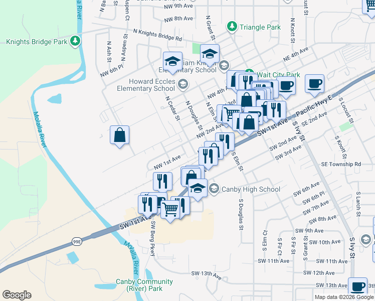 map of restaurants, bars, coffee shops, grocery stores, and more near 247 North Cedar Street in Canby