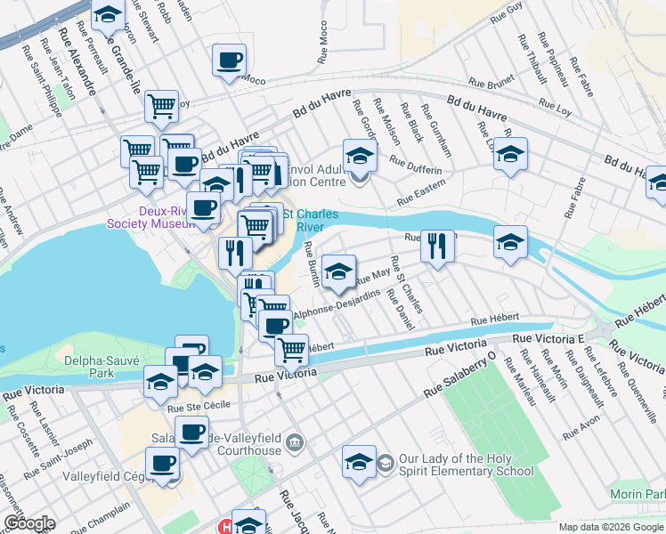 map of restaurants, bars, coffee shops, grocery stores, and more near 15 Rue Penon in Salaberry-de-Valleyfield