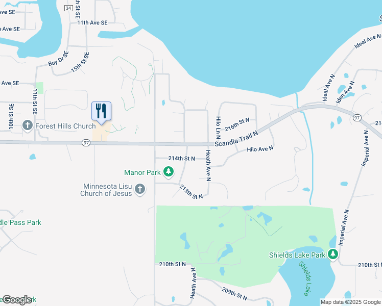 map of restaurants, bars, coffee shops, grocery stores, and more near 21533 Healy Avenue in Forest Lake