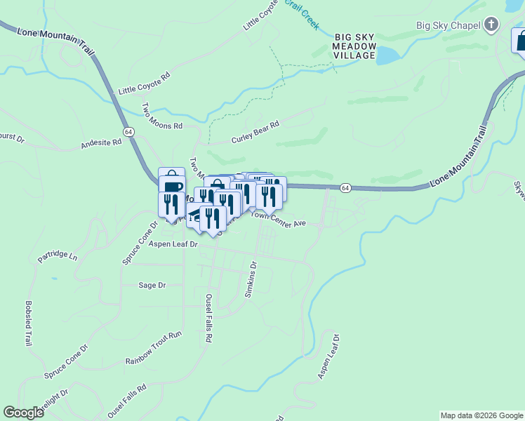 map of restaurants, bars, coffee shops, grocery stores, and more near 47 Town Center Avenue in Gallatin Gateway