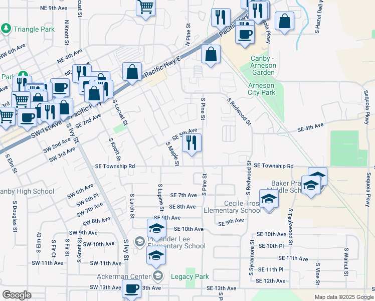 map of restaurants, bars, coffee shops, grocery stores, and more near 700 Southeast 5th Avenue in Canby