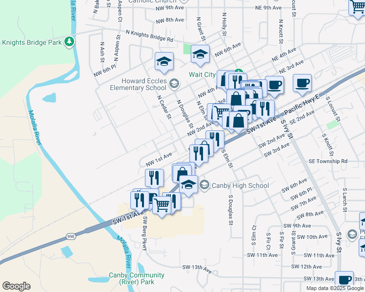 map of restaurants, bars, coffee shops, grocery stores, and more near 615 Northwest 2nd Avenue in Canby