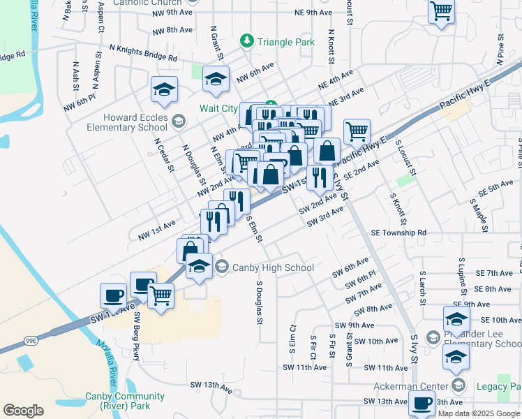 map of restaurants, bars, coffee shops, grocery stores, and more near 400 Southwest 1st Avenue in Canby