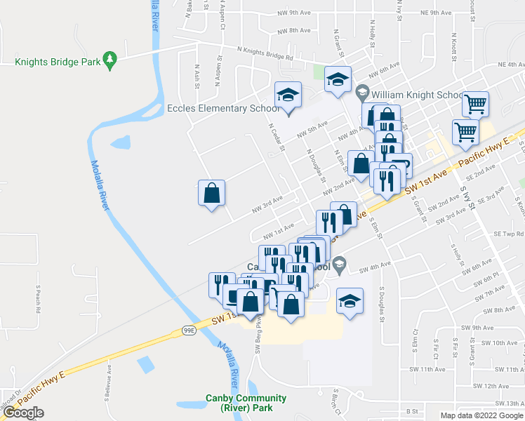 map of restaurants, bars, coffee shops, grocery stores, and more near 939 Northwest 3rd Avenue in Canby