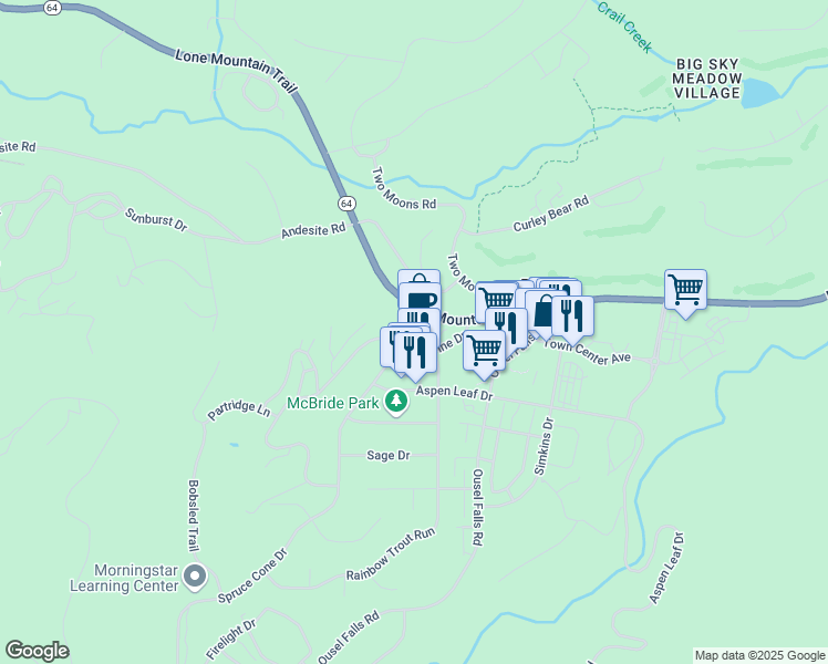 map of restaurants, bars, coffee shops, grocery stores, and more near Snowy Mountain Circle in Gallatin Gateway