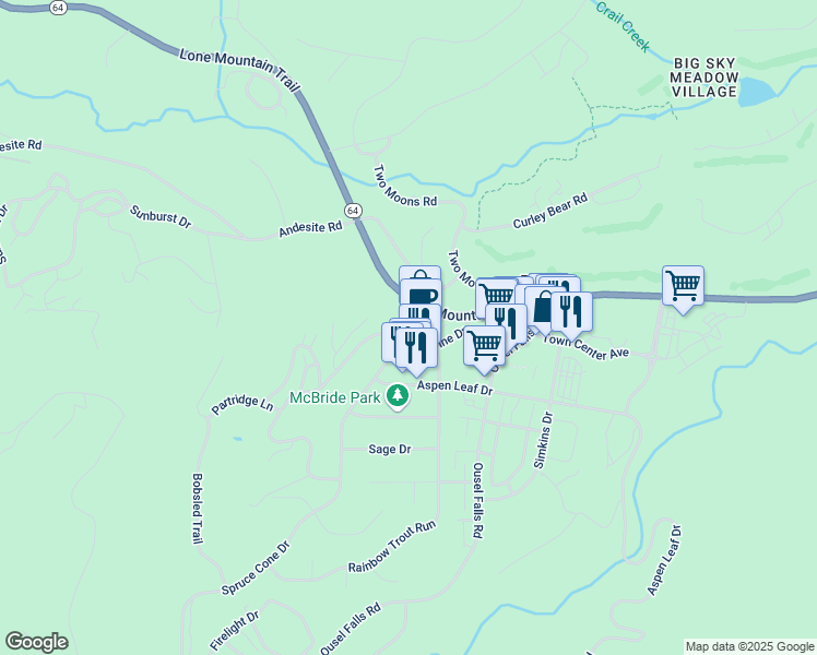 map of restaurants, bars, coffee shops, grocery stores, and more near Snowy Mountain Circle in Gallatin Gateway