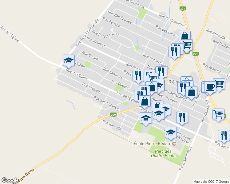 map of restaurants, bars, coffee shops, grocery stores, and more near 84 Rue de l'Église in Saint-Rémi
