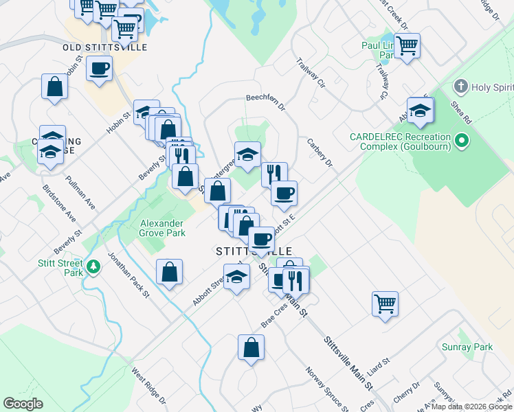 map of restaurants, bars, coffee shops, grocery stores, and more near 161 Beechfern Drive in Ottawa