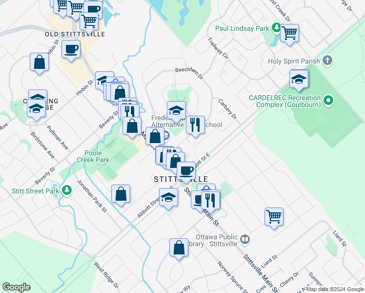 map of restaurants, bars, coffee shops, grocery stores, and more near 161 Beechfern Drive in Ottawa