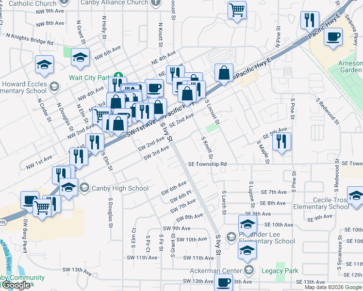map of restaurants, bars, coffee shops, grocery stores, and more near 217 Southeast 3rd Avenue in Canby