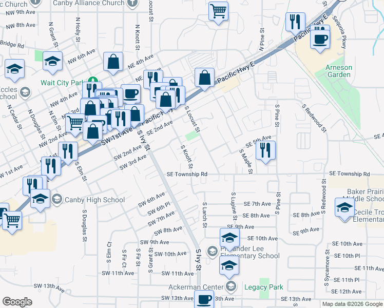 map of restaurants, bars, coffee shops, grocery stores, and more near 456 South Knott Street in Canby