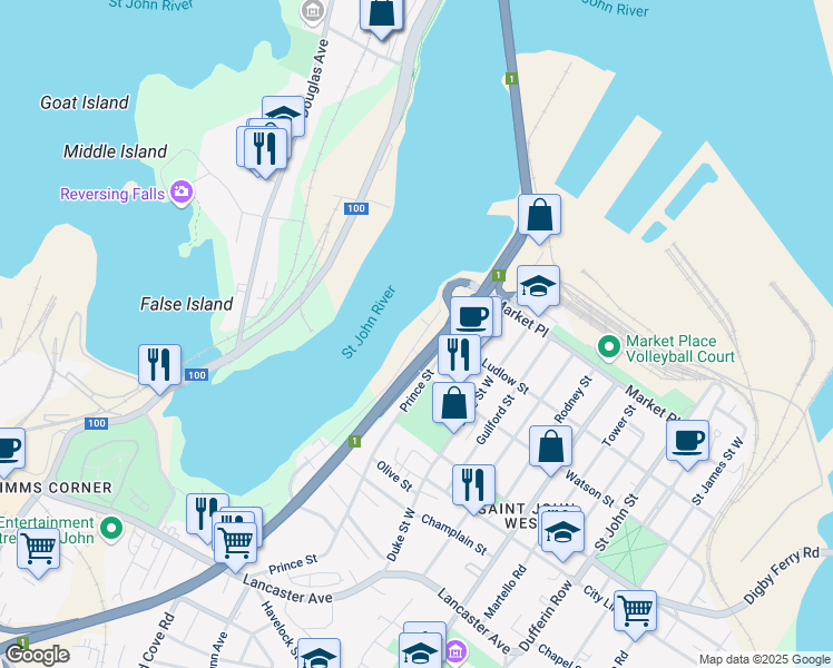 map of restaurants, bars, coffee shops, grocery stores, and more near 103 Riverview Drive in Saint John