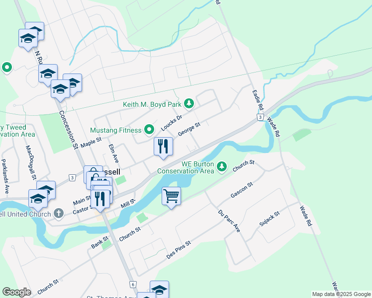 map of restaurants, bars, coffee shops, grocery stores, and more near in Russell
