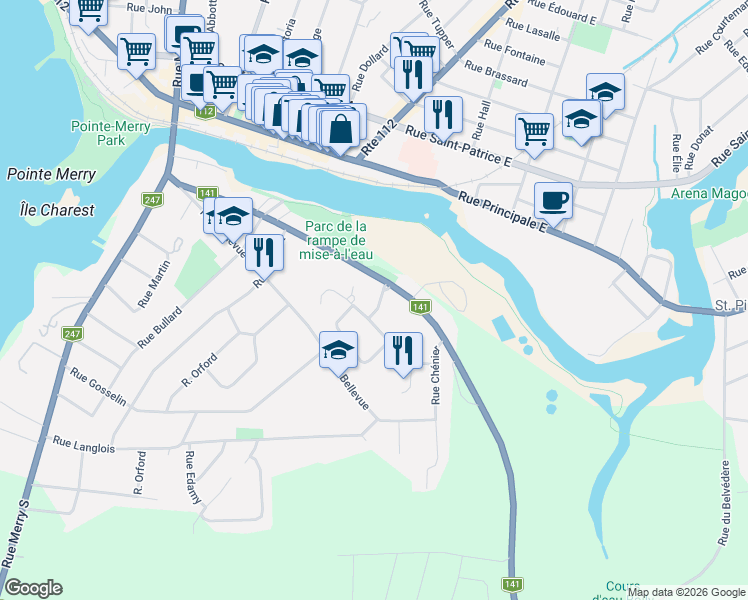 map of restaurants, bars, coffee shops, grocery stores, and more near 227 Rue Ernest-Simard in Magog