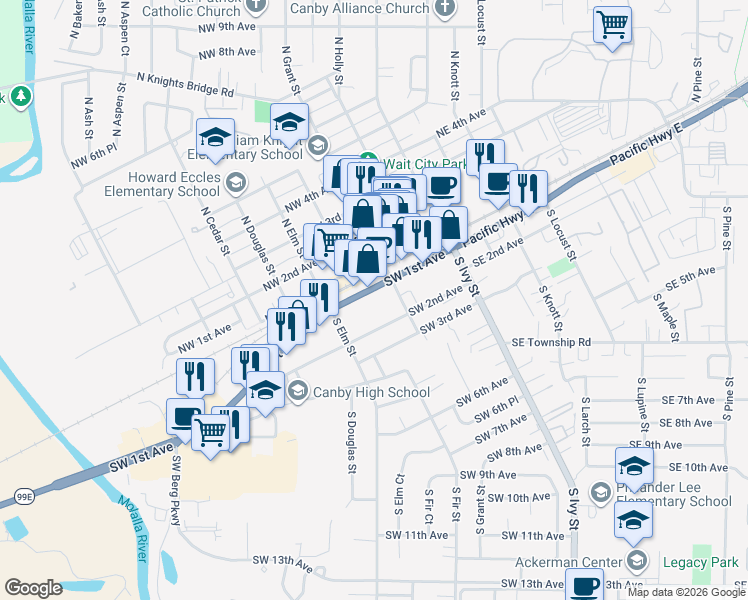 map of restaurants, bars, coffee shops, grocery stores, and more near 383 Southwest 1st Avenue in Canby
