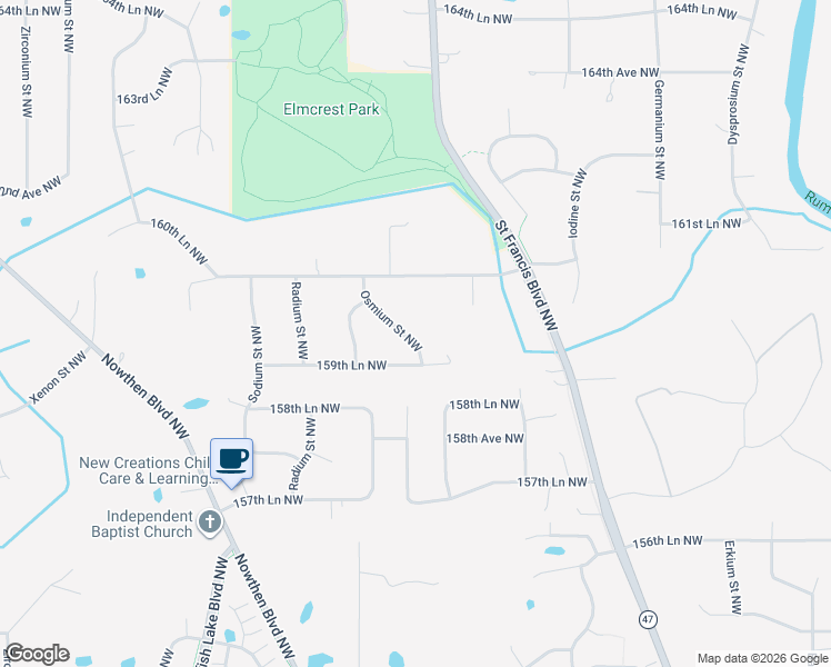 map of restaurants, bars, coffee shops, grocery stores, and more near 15941 Osmium Street Northwest in Ramsey