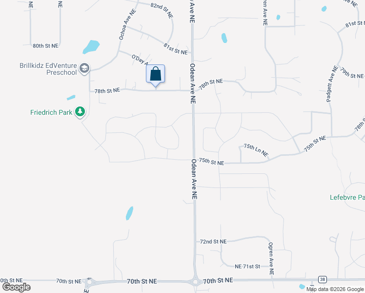 map of restaurants, bars, coffee shops, grocery stores, and more near 7640 O'Day Avenue Northeast in Otsego