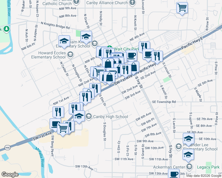 map of restaurants, bars, coffee shops, grocery stores, and more near 383 SW 1st Ave in Canby