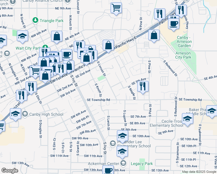 map of restaurants, bars, coffee shops, grocery stores, and more near 357 South Locust Street in Canby