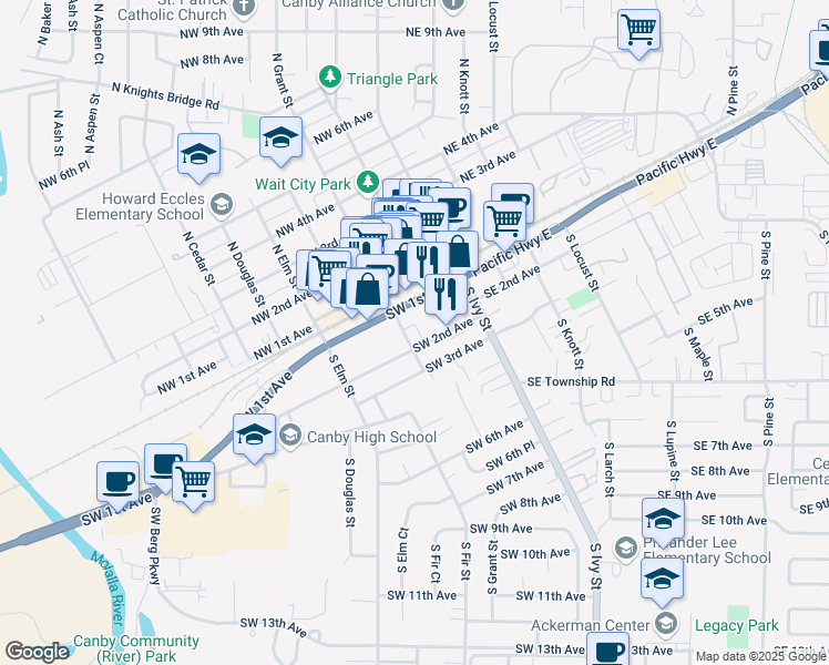 map of restaurants, bars, coffee shops, grocery stores, and more near 160 S Grant St in Canby