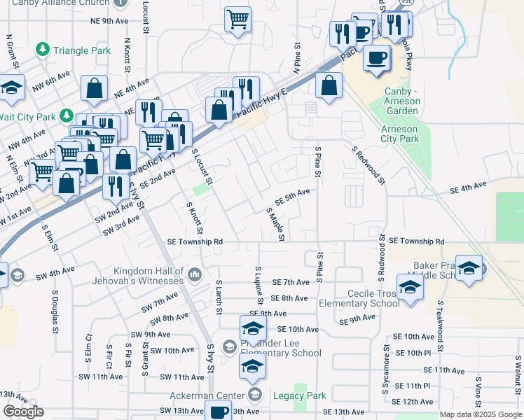 map of restaurants, bars, coffee shops, grocery stores, and more near 580 Southeast 5th Avenue in Canby