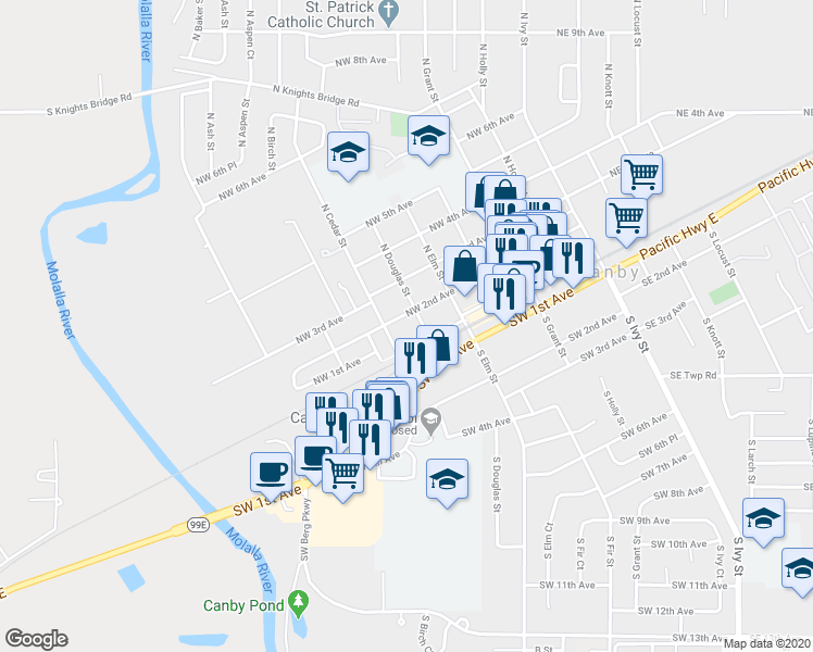 map of restaurants, bars, coffee shops, grocery stores, and more near 615 Northwest 2nd Avenue in Canby