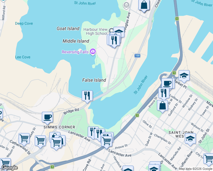 map of restaurants, bars, coffee shops, grocery stores, and more near 421 Douglas Avenue in Saint John
