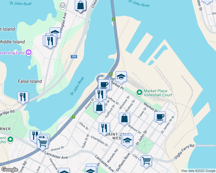 map of restaurants, bars, coffee shops, grocery stores, and more near 213 King Street West in Saint John