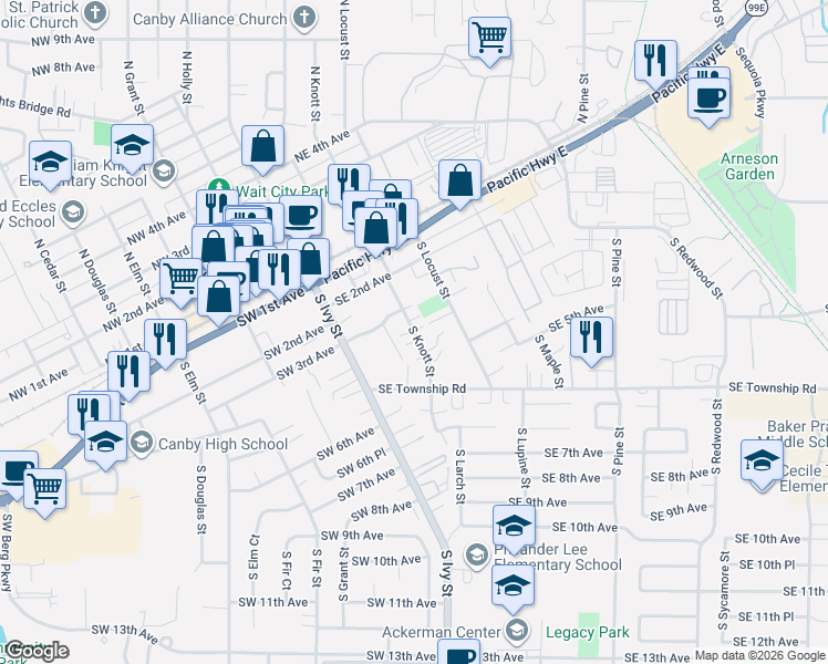 map of restaurants, bars, coffee shops, grocery stores, and more near South Knott Street in Canby
