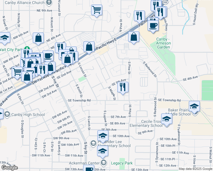 map of restaurants, bars, coffee shops, grocery stores, and more near 580 Southeast 5th Avenue in Canby