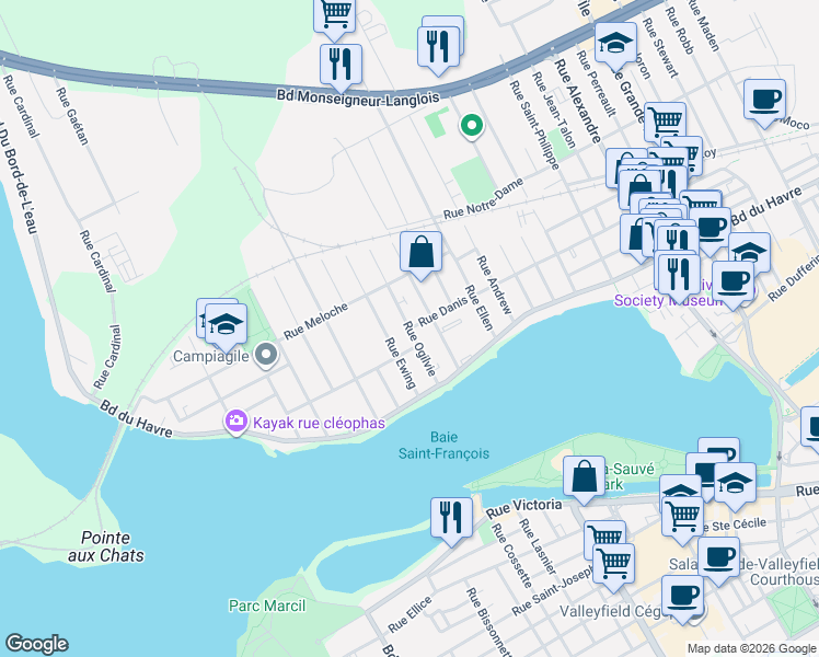 map of restaurants, bars, coffee shops, grocery stores, and more near Rue Ogilvie in Salaberry-de-Valleyfield
