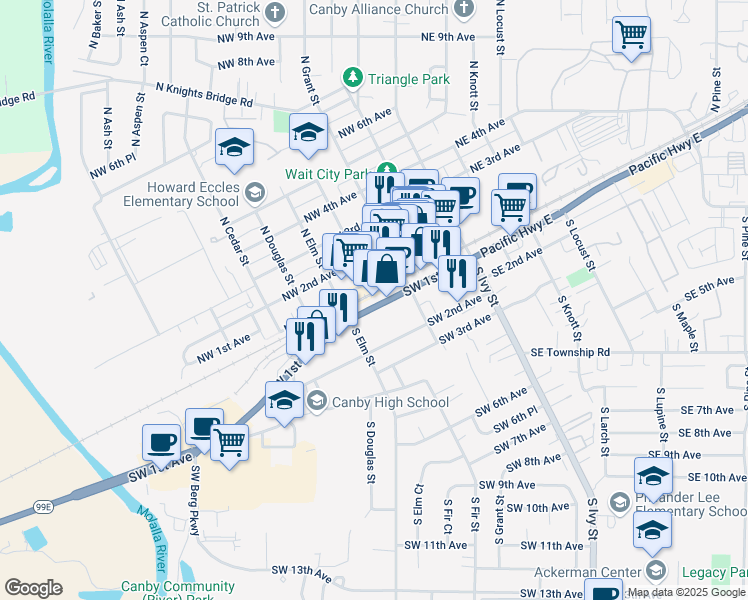 map of restaurants, bars, coffee shops, grocery stores, and more near 400 Southwest 1st Avenue in Canby