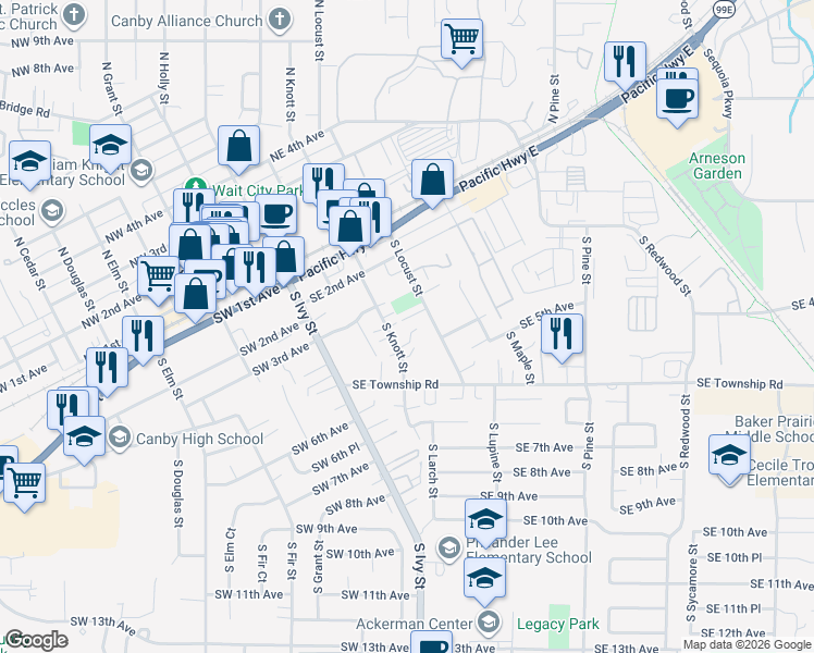 map of restaurants, bars, coffee shops, grocery stores, and more near 436 South Knott Street in Canby
