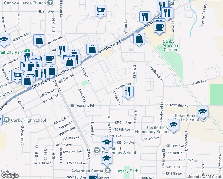 map of restaurants, bars, coffee shops, grocery stores, and more near 552 Southeast 5th Avenue in Canby