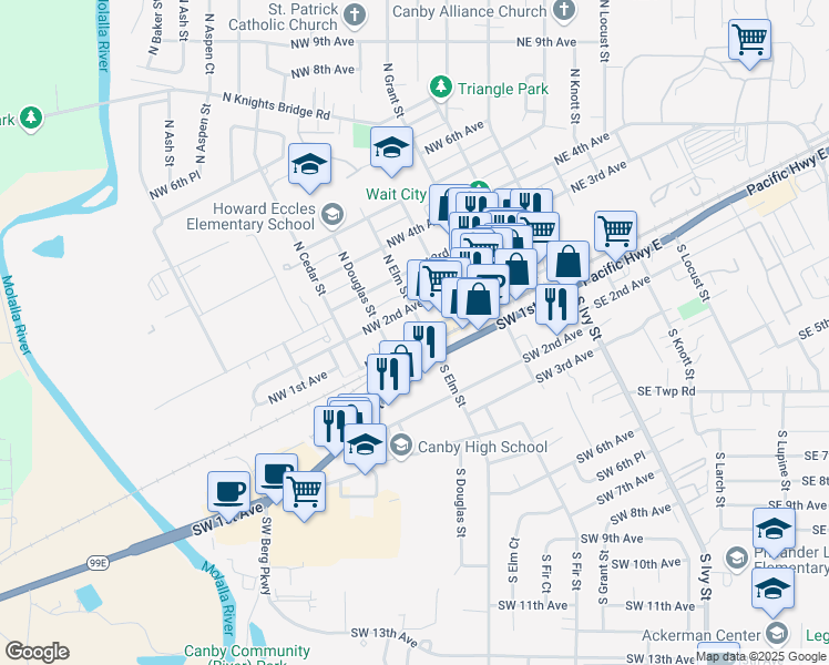 map of restaurants, bars, coffee shops, grocery stores, and more near 113 North Elm Street in Canby