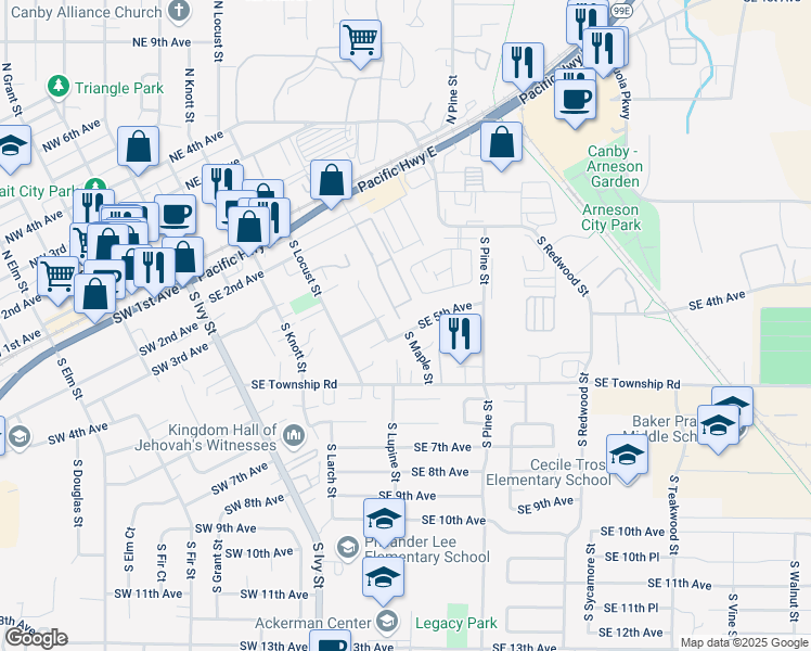 map of restaurants, bars, coffee shops, grocery stores, and more near 580 Southeast 5th Avenue in Canby