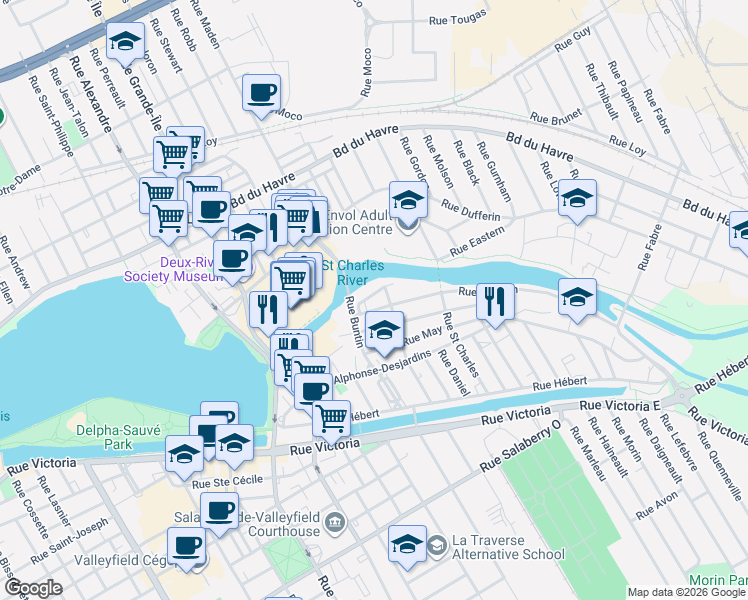 map of restaurants, bars, coffee shops, grocery stores, and more near 18 Rue Récollet in Salaberry-de-Valleyfield