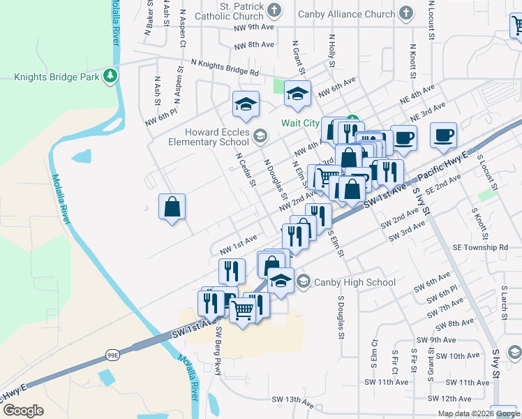 map of restaurants, bars, coffee shops, grocery stores, and more near 247 North Cedar Street in Canby