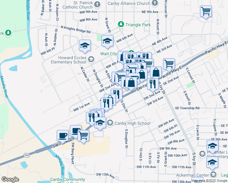 map of restaurants, bars, coffee shops, grocery stores, and more near 113 North Elm Street in Canby
